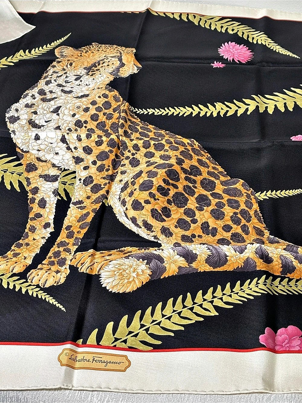 VTG Salvatore Ferragamo Silk Scarf
Cheetah Floral Black 34"